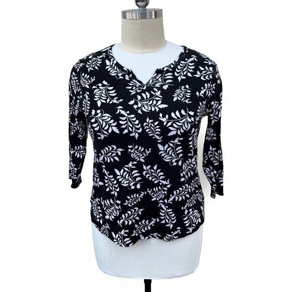 Women's Chico's - Black and White Leaf Foliage Print Vneck 3/4 Sleeve Top XL - Picture 1 of 11